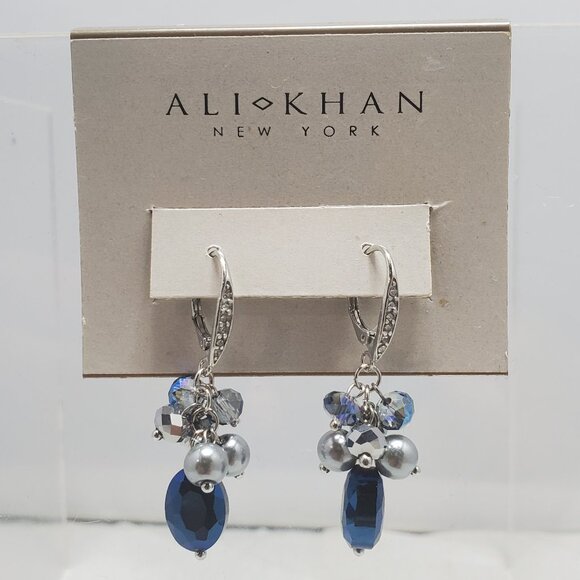Ali Khan silver tone with deep blue crystal dangle earring - Picture 1 of 6